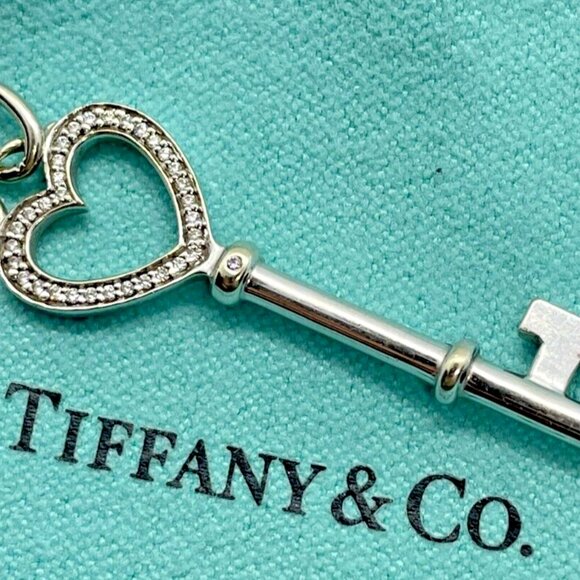 Tiffany & Co. 18k White Gold Diamond Heart Key Pendant 1.5 Inches w/ Pouch - Picture 11 of 11